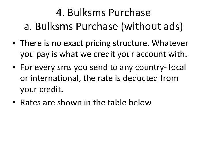 4. Bulksms Purchase a. Bulksms Purchase (without ads) • There is no exact pricing