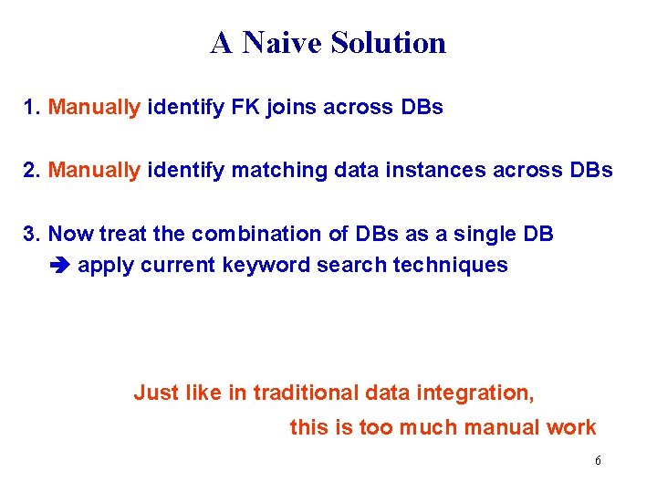 A Naive Solution 1. Manually identify FK joins across DBs 2. Manually identify matching