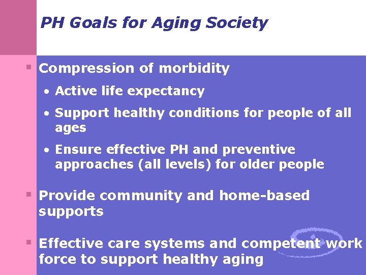 PH Goals for Aging Society § Compression of morbidity • Active life expectancy •