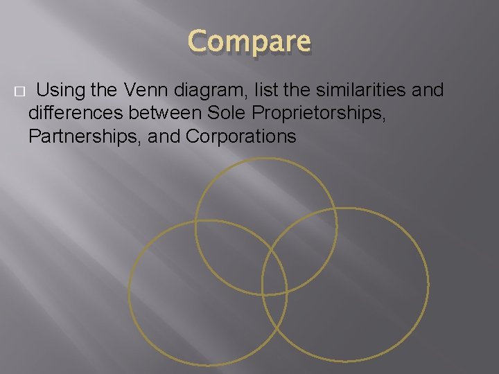 Compare � Using the Venn diagram, list the similarities and differences between Sole Proprietorships, Compare � Using the Venn diagram, list the similarities and differences between Sole Proprietorships,