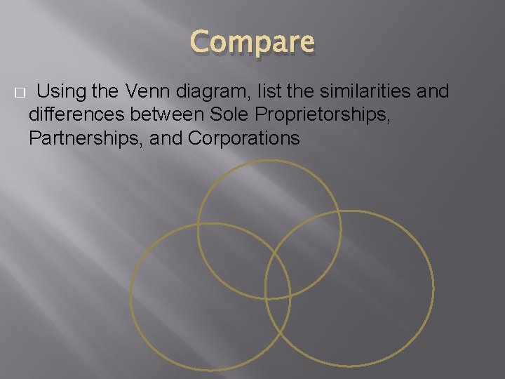 Compare � Using the Venn diagram, list the similarities and differences between Sole Proprietorships,