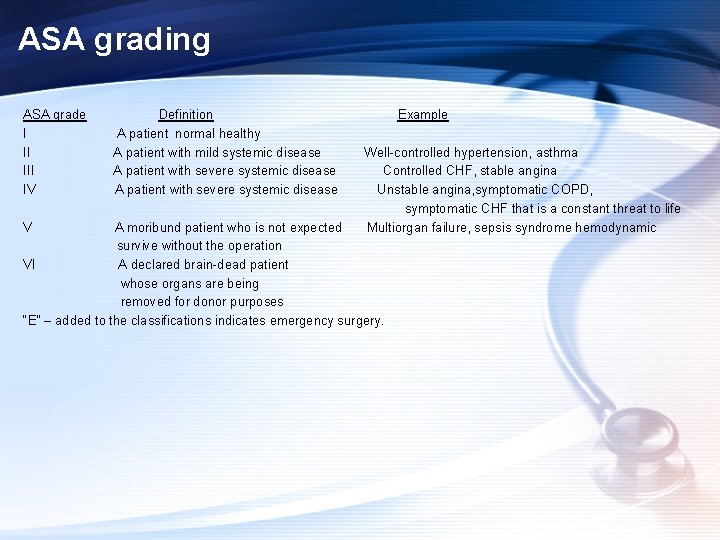 ASA grading ASA grade I II IV V Definition A patient normal healthy A