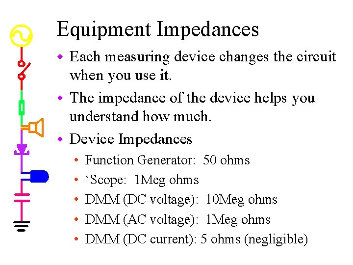 Equipment Impedances Each measuring device changes the circuit when you use it. w The