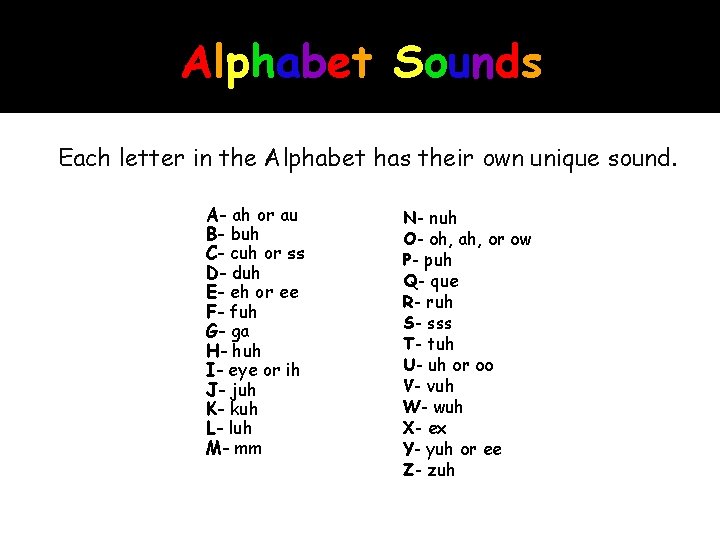 Alphabet Sounds Each letter in the Alphabet has their own unique sound. A- ah