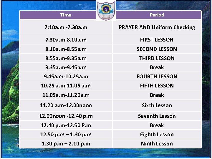 Time Period Special class for class XII 2017 -2018 7: 10 a. m -7.
