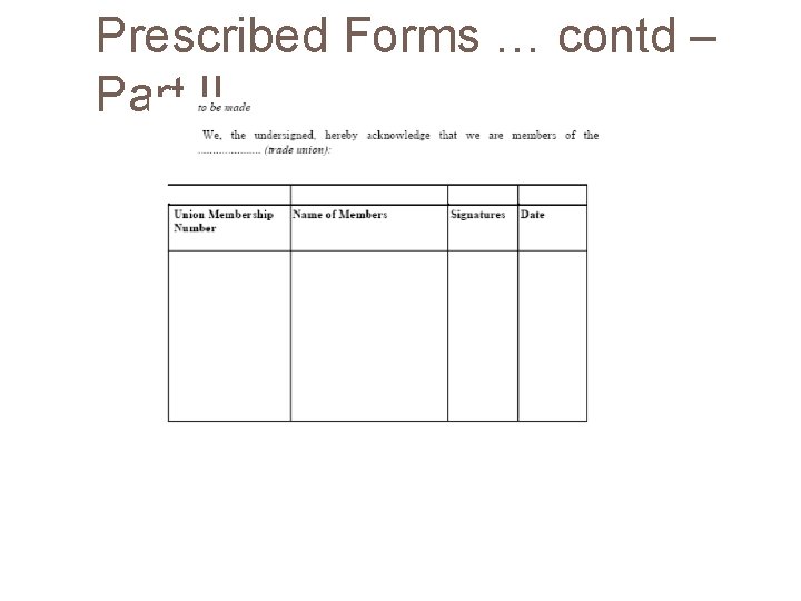 Prescribed Forms … contd – Part II 