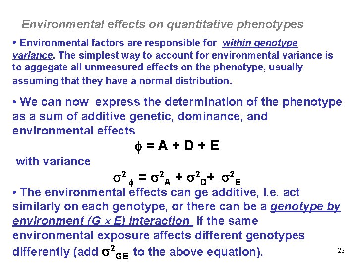 Environmental effects on quantitative phenotypes • Environmental factors are responsible for within genotype variance.