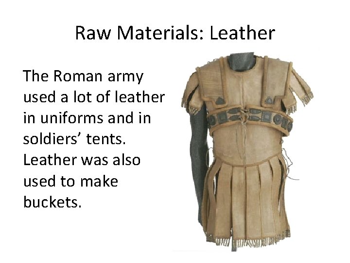 Raw Materials: Leather The Roman army used a lot of leather in uniforms and