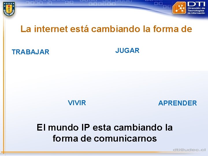 La internet está cambiando la forma de JUGAR TRABAJAR VIVIR APRENDER El mundo IP