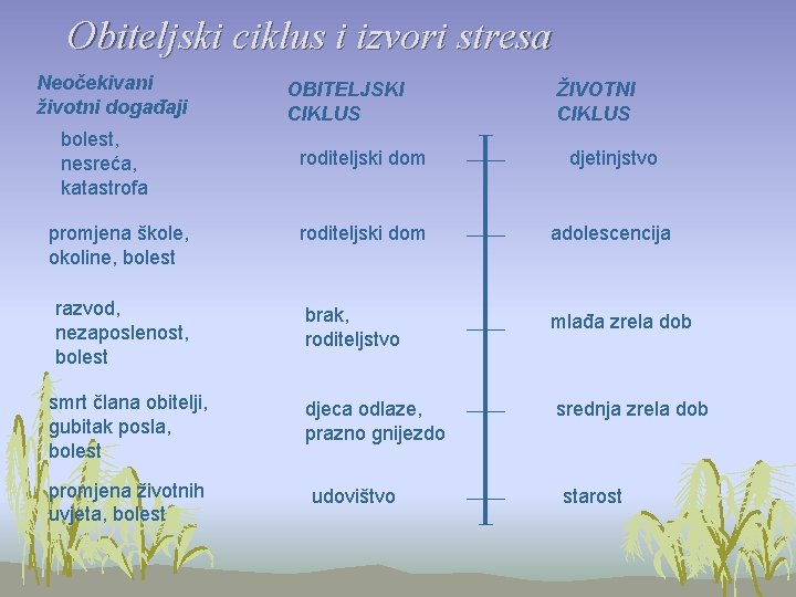 Obiteljski ciklus i izvori stresa Neočekivani životni događaji bolest, nesreća, katastrofa promjena škole, okoline,