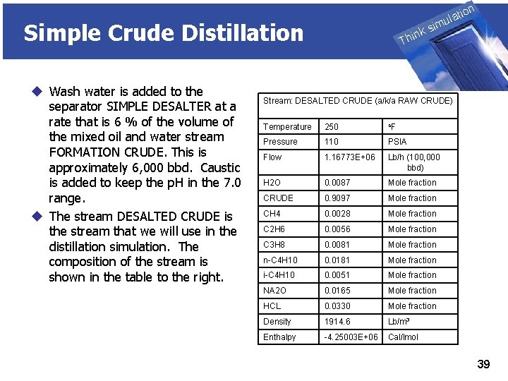 THINK on ti SIMULATION ula Simple Crude Distillation u Wash water is added to