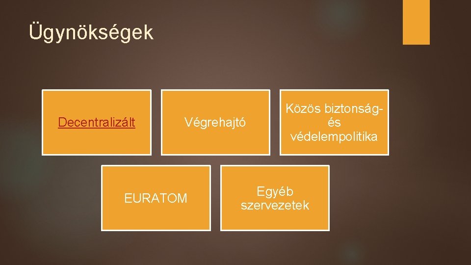 Ügynökségek Decentralizált Végrehajtó EURATOM Közös biztonság- és védelempolitika Egyéb szervezetek 