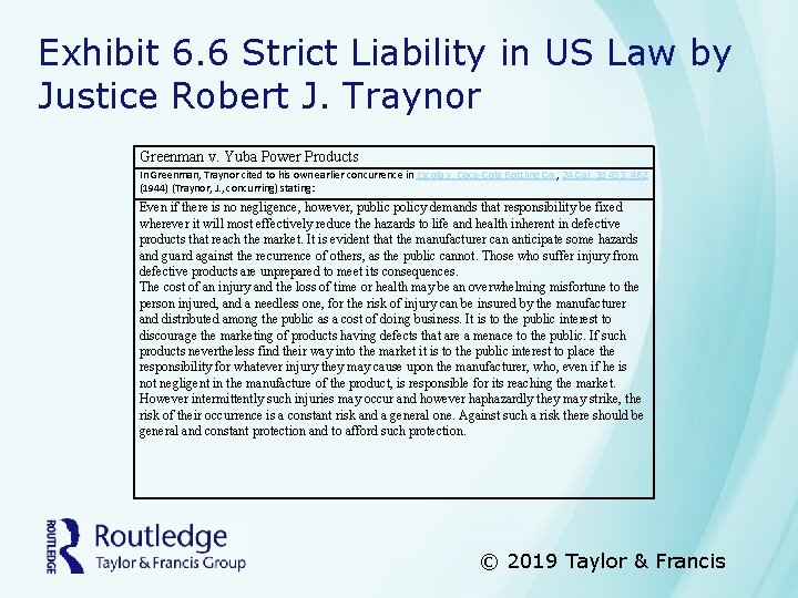 Exhibit 6. 6 Strict Liability in US Law by Justice Robert J. Traynor Greenman