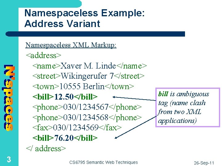 Namespaceless Example: Address Variant Namespaceless XML Markup: <address> <name>Xaver M. Linde</name> <street>Wikingerufer 7</street> <town>10555