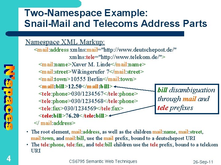 Two-Namespace Example: Snail-Mail and Telecoms Address Parts Namespace XML Markup: <mail: address xmlns: mail="http: