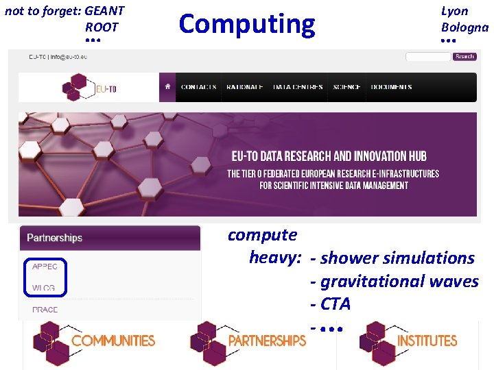 not to forget: GEANT ROOT Computing Lyon Bologna compute heavy: - shower simulations -