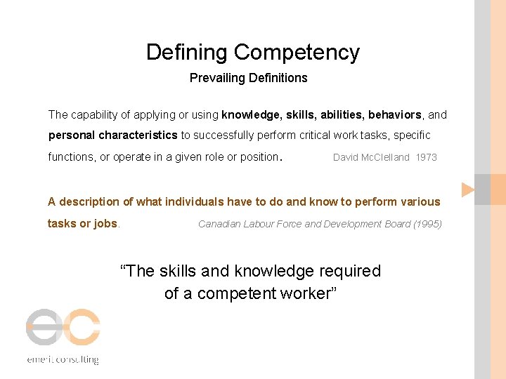 Defining Competency Prevailing Definitions The capability of applying or using knowledge, skills, abilities, behaviors,