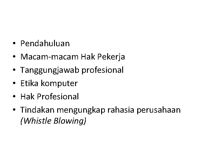  • • • Pendahuluan Macam-macam Hak Pekerja Tanggungjawab profesional Etika komputer Hak Profesional