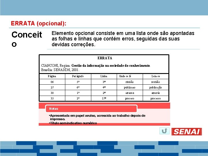 ERRATA (opcional): Conceit o Elemento opcional consiste em uma lista onde são apontadas as