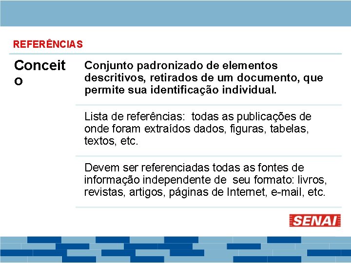 REFERÊNCIAS Conceit o Conjunto padronizado de elementos descritivos, retirados de um documento, que permite