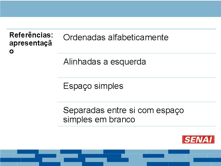 Referências: apresentaçã o Ordenadas alfabeticamente Alinhadas a esquerda Espaço simples Separadas entre si com