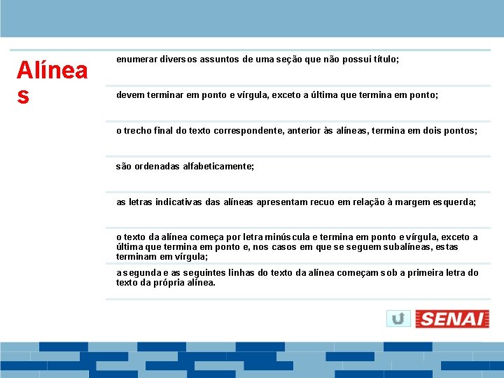 Alínea s enumerar diversos assuntos de uma seção que não possui título; devem terminar