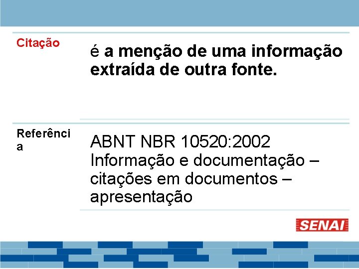 Citação é a menção de uma informação extraída de outra fonte. Referênci a ABNT