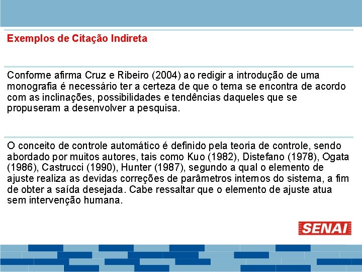 Exemplos de Citação Indireta Conforme afirma Cruz e Ribeiro (2004) ao redigir a introdução