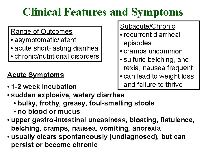 Clinical Features and Symptoms Subacute/Chronic Range of Outcomes • recurrent diarrheal • asymptomatic/latent episodes