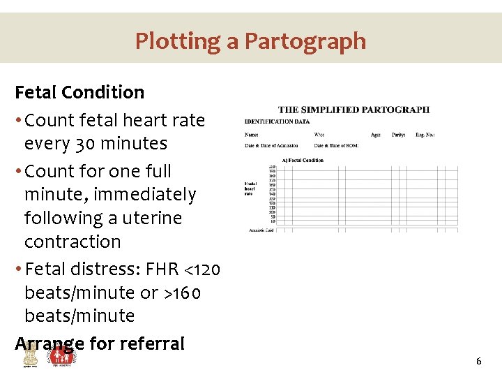 Plotting a Partograph Fetal Condition • Count fetal heart rate every 30 minutes •