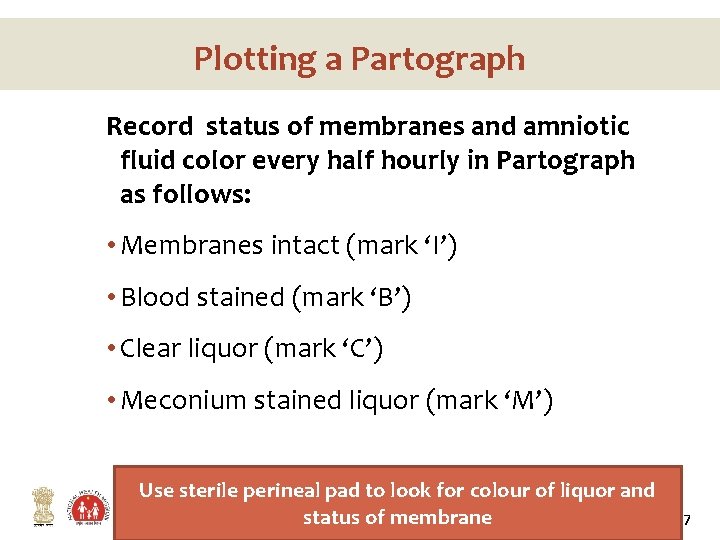 Plotting a Partograph Record status of membranes and amniotic fluid color every half hourly