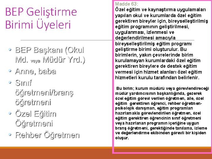 BEP Geliştirme Birimi Üyeleri Madde 63: Özel eğitim ve kaynaştırma uygulamaları yapılan okul ve