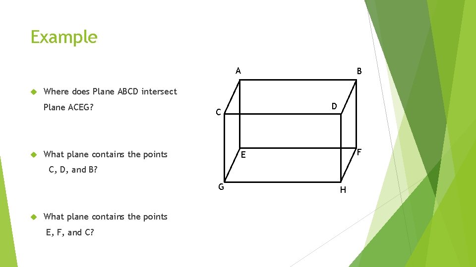 Example A Where does Plane ABCD intersect Plane ACEG? B D C What plane