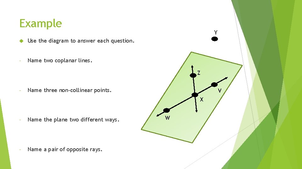 Example Use the diagram to answer each question. - Name two coplanar lines. Y