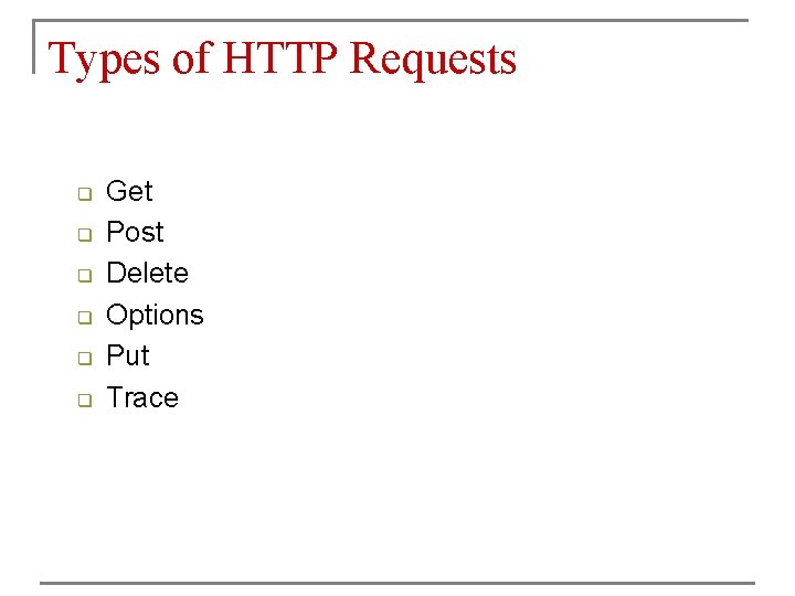 Types of HTTP Requests q q q Get Post Delete Options Put Trace 