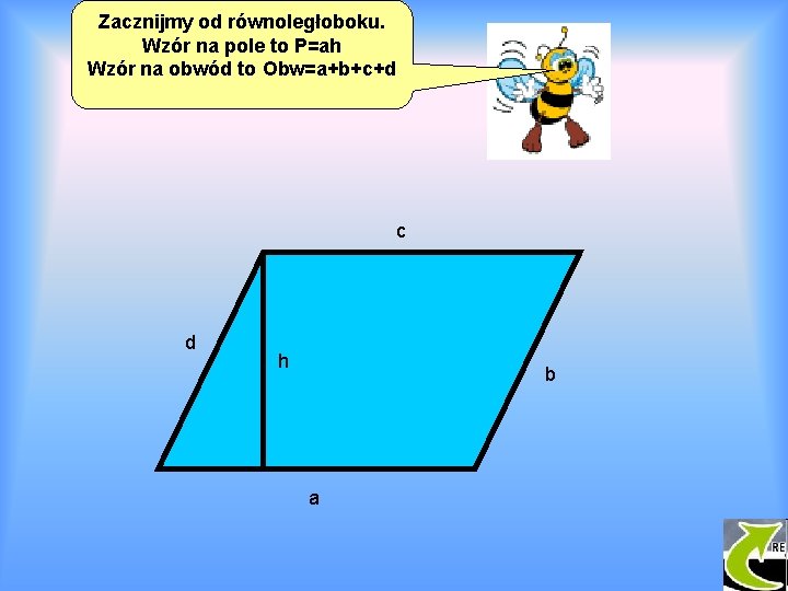 Zacznijmy od równoległoboku. Wzór na pole to P=ah Wzór na obwód to Obw=a+b+c+d c