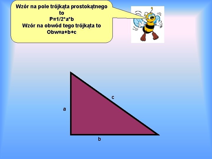 Wzór na pole trójkąta prostokątnego to P=1/2*a*b Wzór na obwód tego trójkąta to Obw=a+b+c