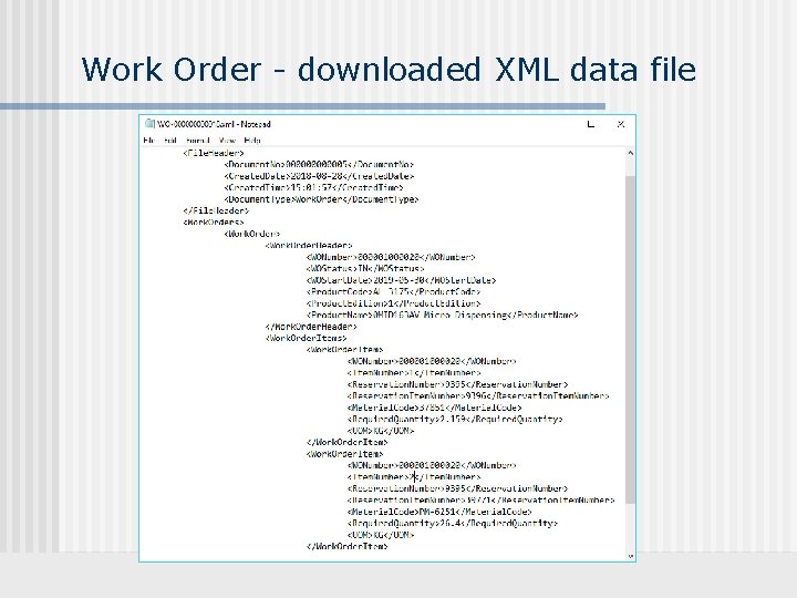 Work Order - downloaded XML data file 