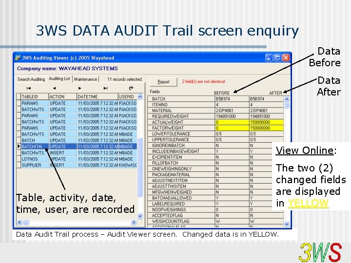 3 WS DATA AUDIT Trail screen enquiry Data Before Data After View Online: BLAH