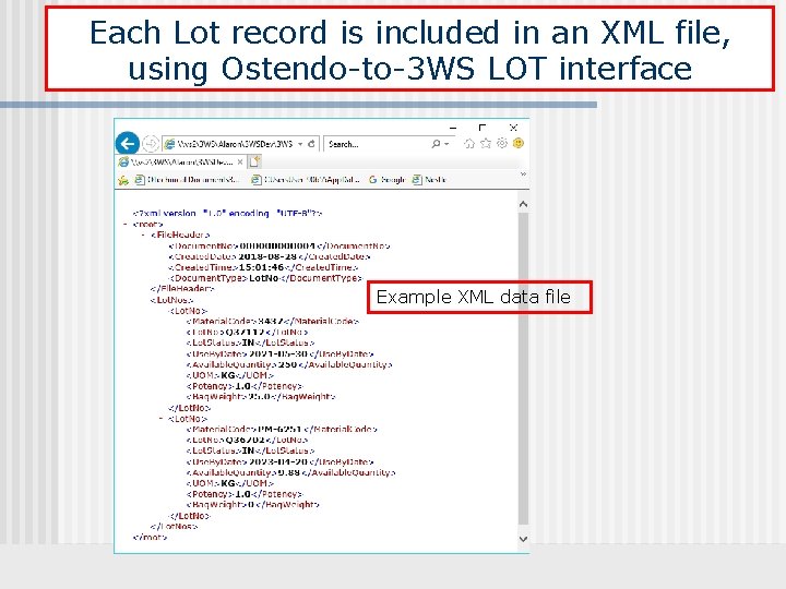 Each Lot record is included in an XML file, using Ostendo-to-3 WS LOT interface