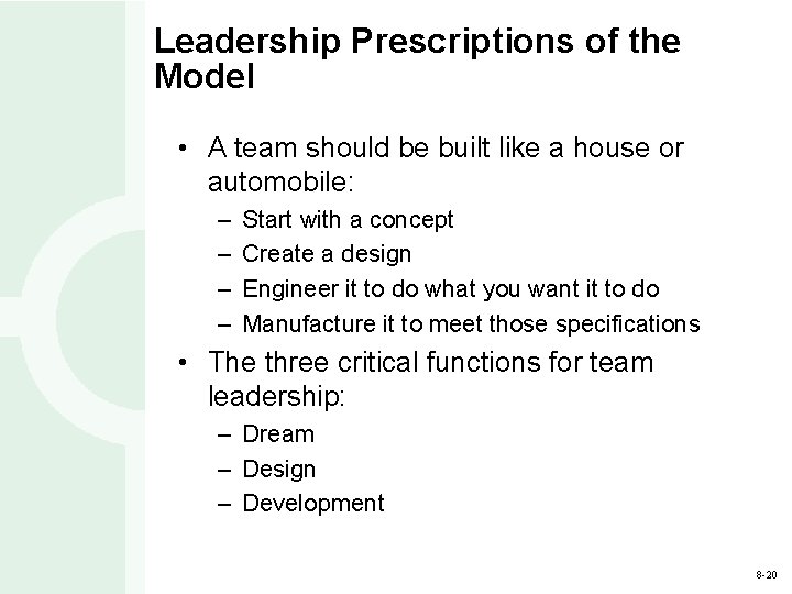 Leadership Prescriptions of the Model • A team should be built like a house