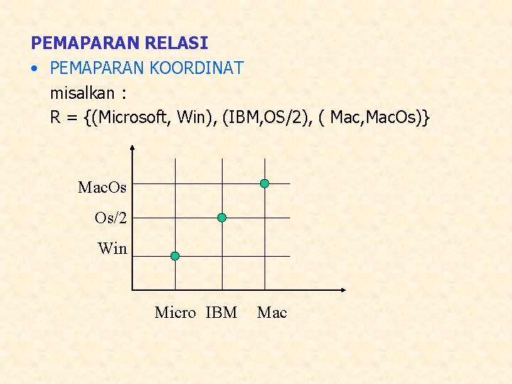 PEMAPARAN RELASI • PEMAPARAN KOORDINAT misalkan : R = {(Microsoft, Win), (IBM, OS/2), (