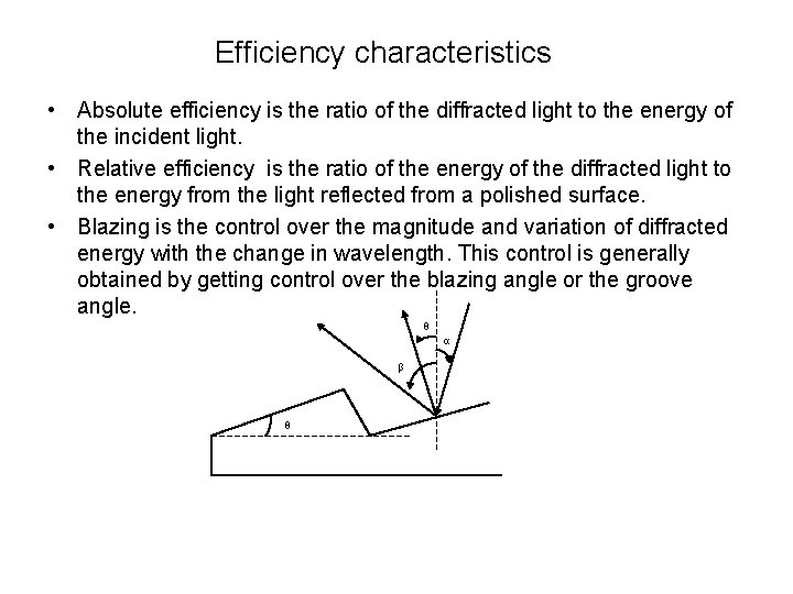 Efficiency characteristics • Absolute efficiency is the ratio of the diffracted light to the