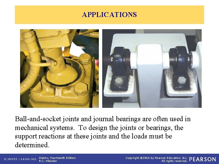 APPLICATIONS Ball-and-socket joints and journal bearings are often used in mechanical systems. To design