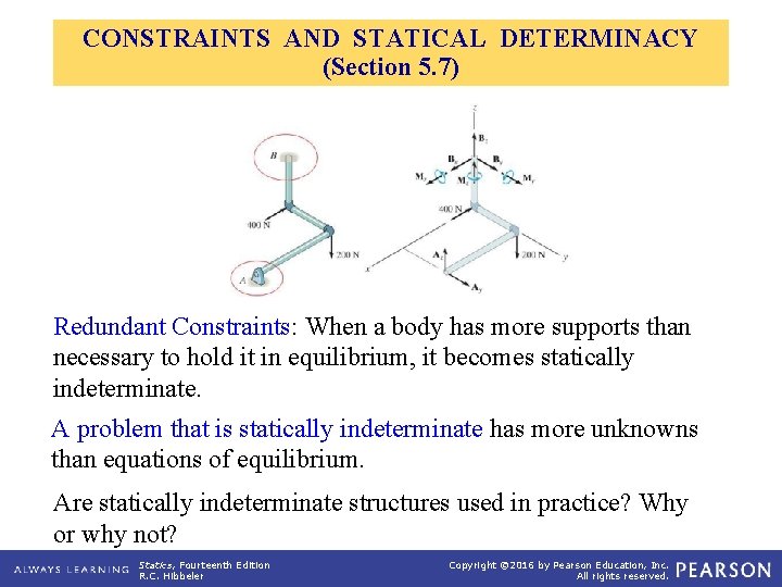 CONSTRAINTS AND STATICAL DETERMINACY (Section 5. 7) Redundant Constraints: When a body has more
