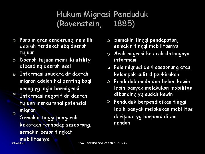 Hukum Migrasi Penduduk (Ravenstein, 1885) ☺ ☺ ☺ Para migran cenderung memilih daerah terdekat