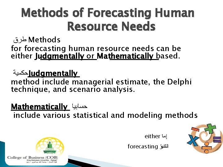 Methods of Forecasting Human Resource Needs ﻃﺮﻕ Methods forecasting human resource needs can be