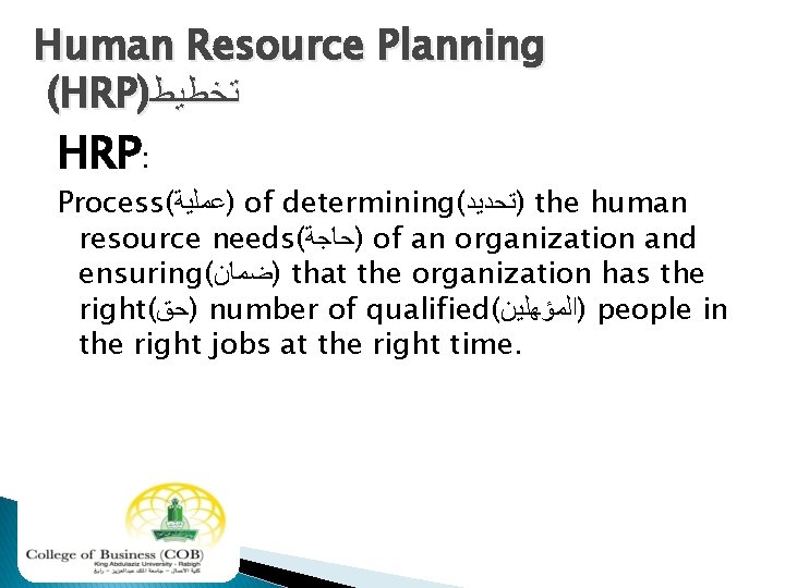 Human Resource Planning (HRP) ﺗﺨﻄﻴﻂ HRP: Process( )ﻋﻤﻠﻴﺔ of determining( )ﺗﺤﺪﻳﺪ the human resource