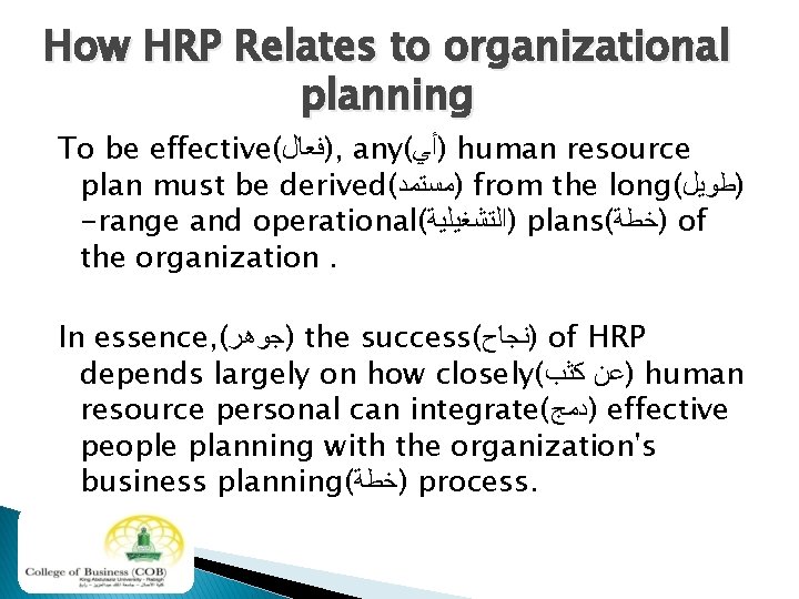 How HRP Relates to organizational planning To be effective( )ﻓﻌﺎﻝ , any( )ﺃﻲ human