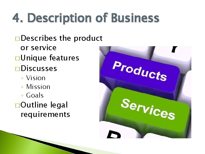 4. Description of Business � Describes the product or service � Unique features �